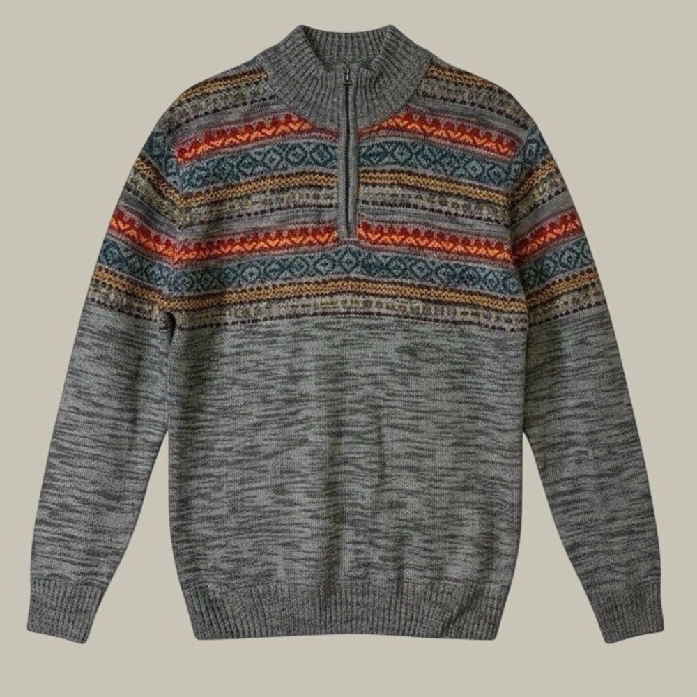Carbon Men's XL Half Zip Fair Isle Sweater Knit Pullover Gray Red Yellow Blue